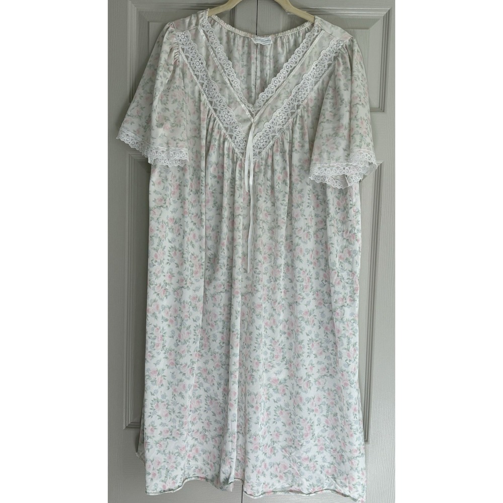 Vintage‎ Miss Elaine Floral Short Sleeve Night Gown Sleep Dress Size Large ILGWU